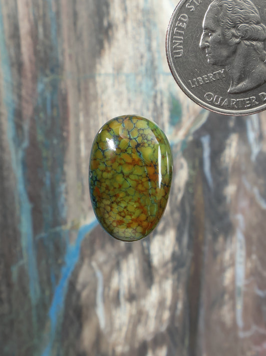 Oval turquoise cabochon gemstone with green-yellow matrix pattern
