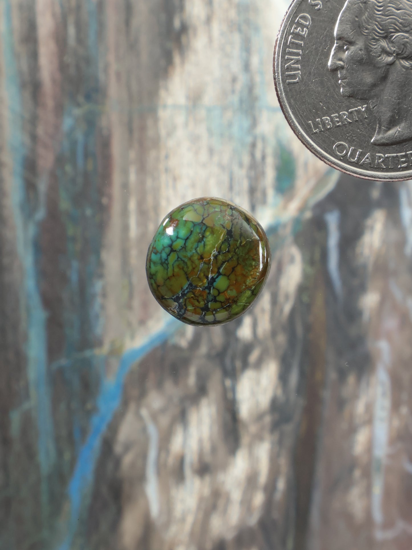 Round turquoise cabochon with green-blue webbed matrix pattern