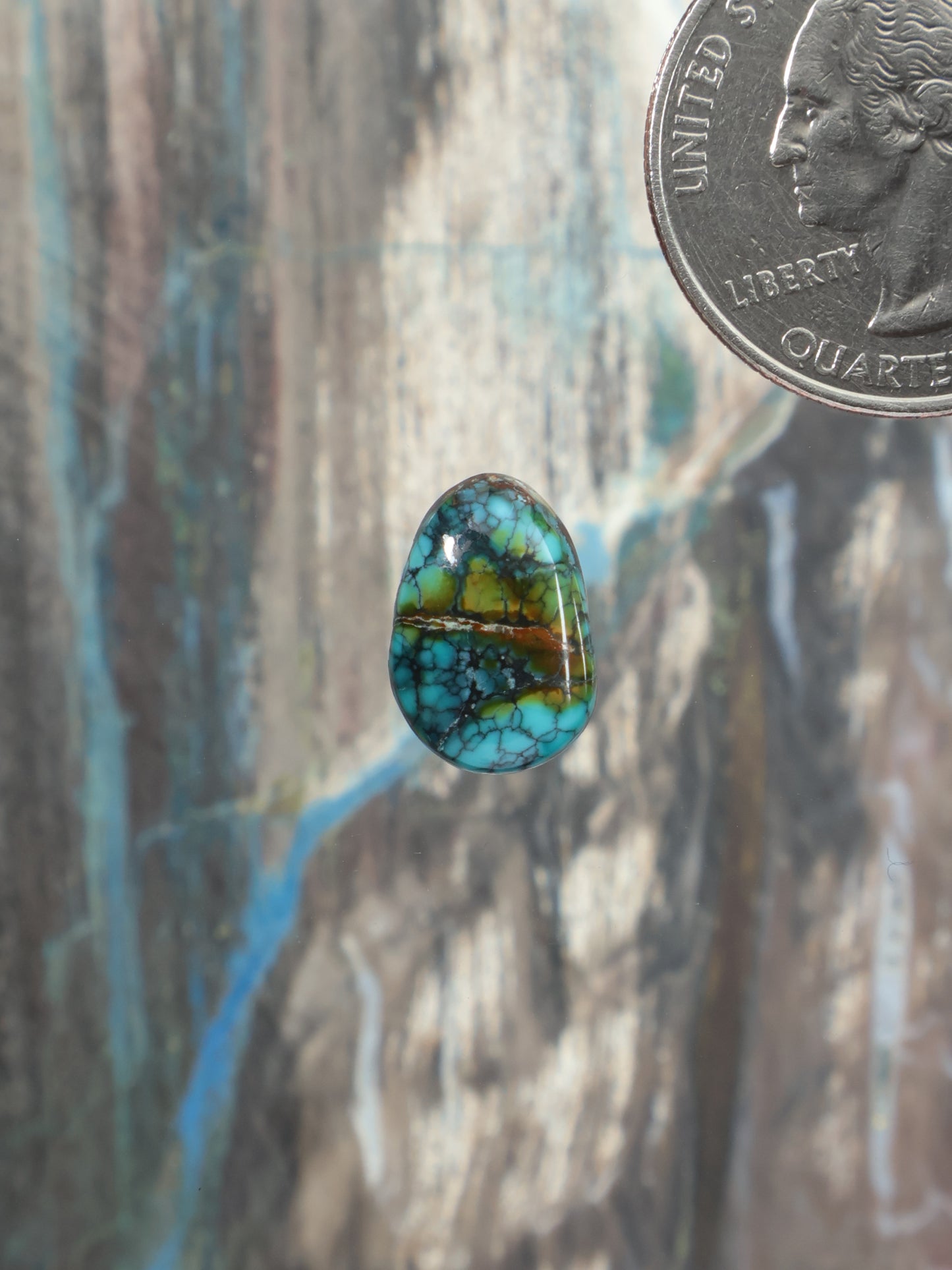 Oval turquoise cabochon with teal-blue matrix web pattern, domed gemstone