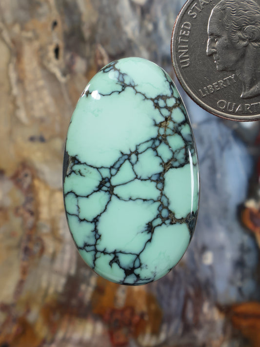 Oval variscite cabochon with dark webbed veining, polished gemstone