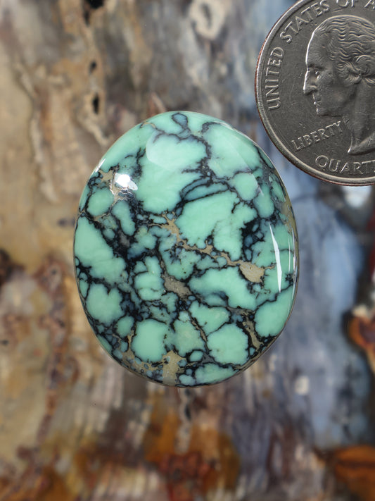 Oval turquoise variscite cabochon with dark webbed matrix veins and metal bezel