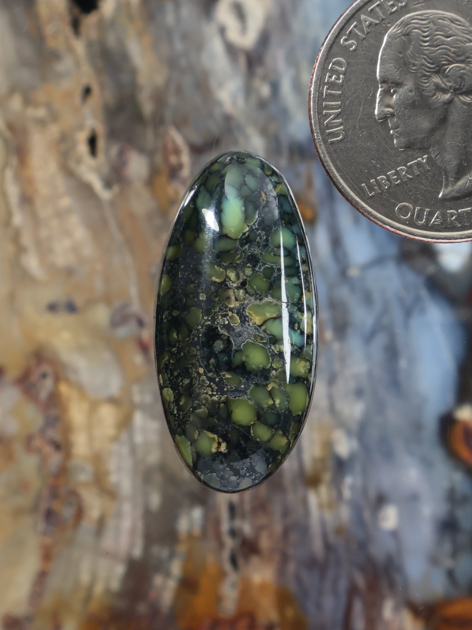 Ovoid green variscite cabochon with mottled leaf-like pattern