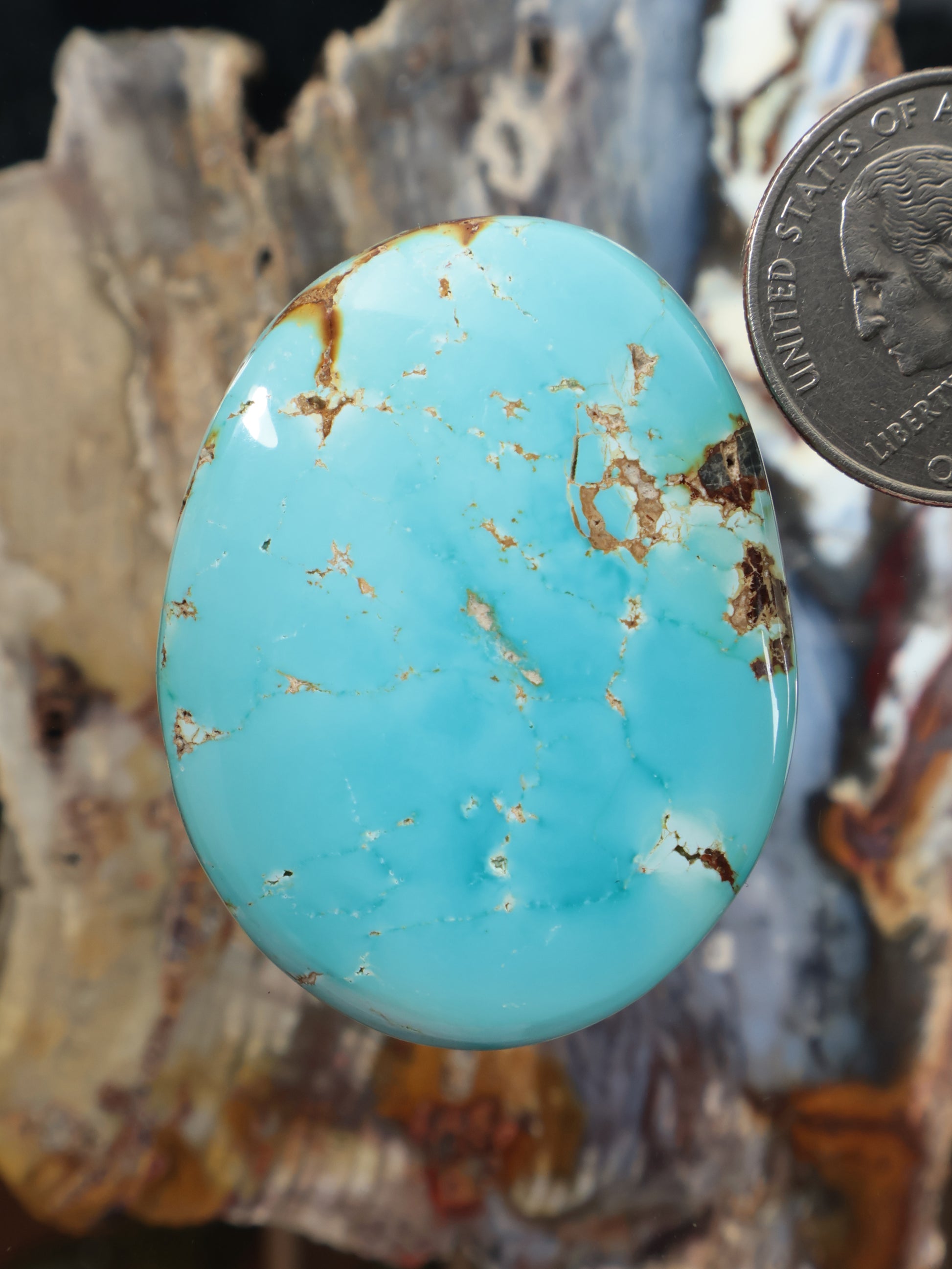 Oval turquoise cabochon with natural golden matrix veining