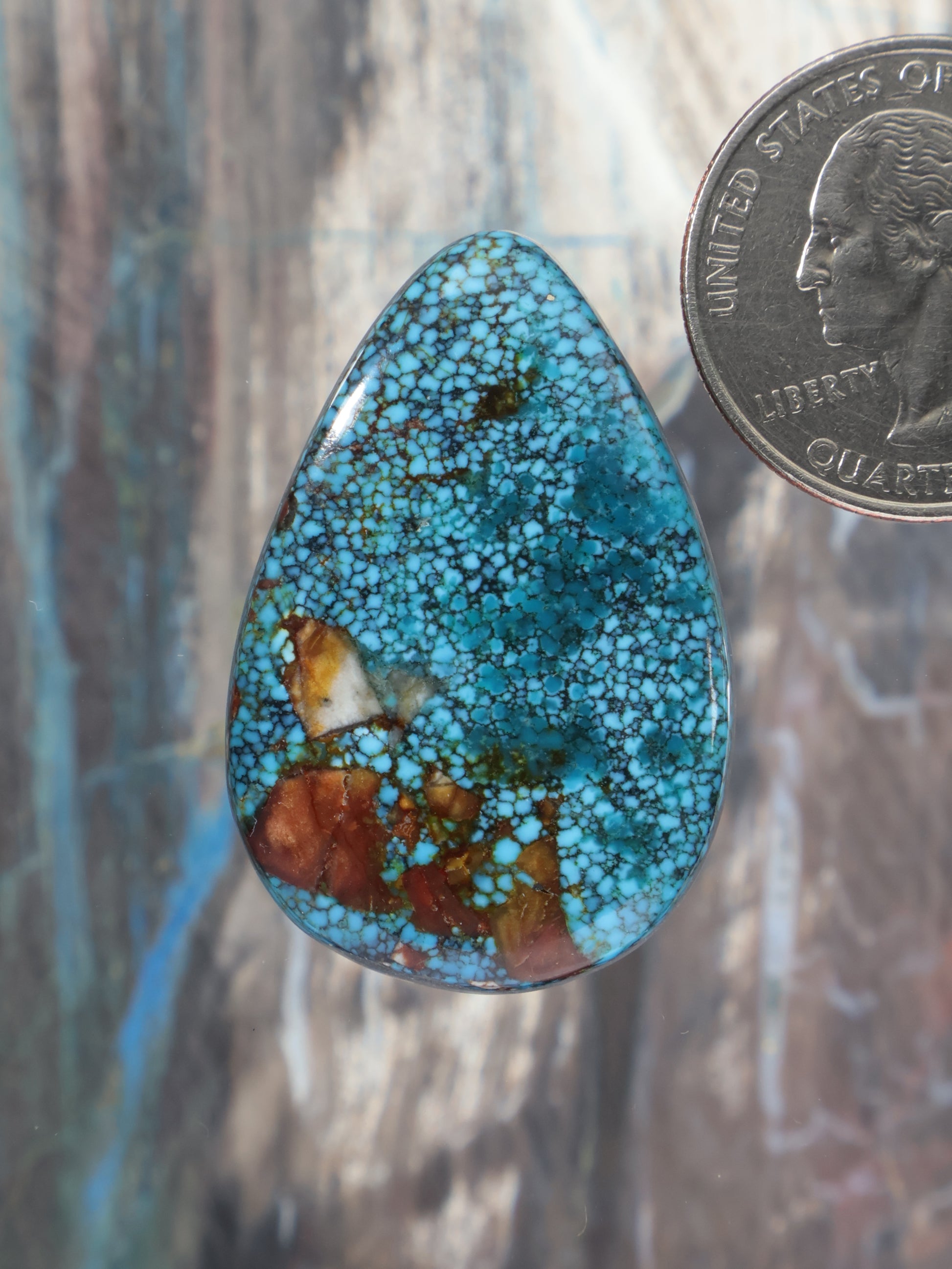 Turquoise cabochon gemstone, teardrop shape, blue web pattern with brown matrix