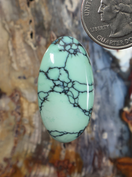 Oval variscite cabochon with dark webbed vein pattern, polished