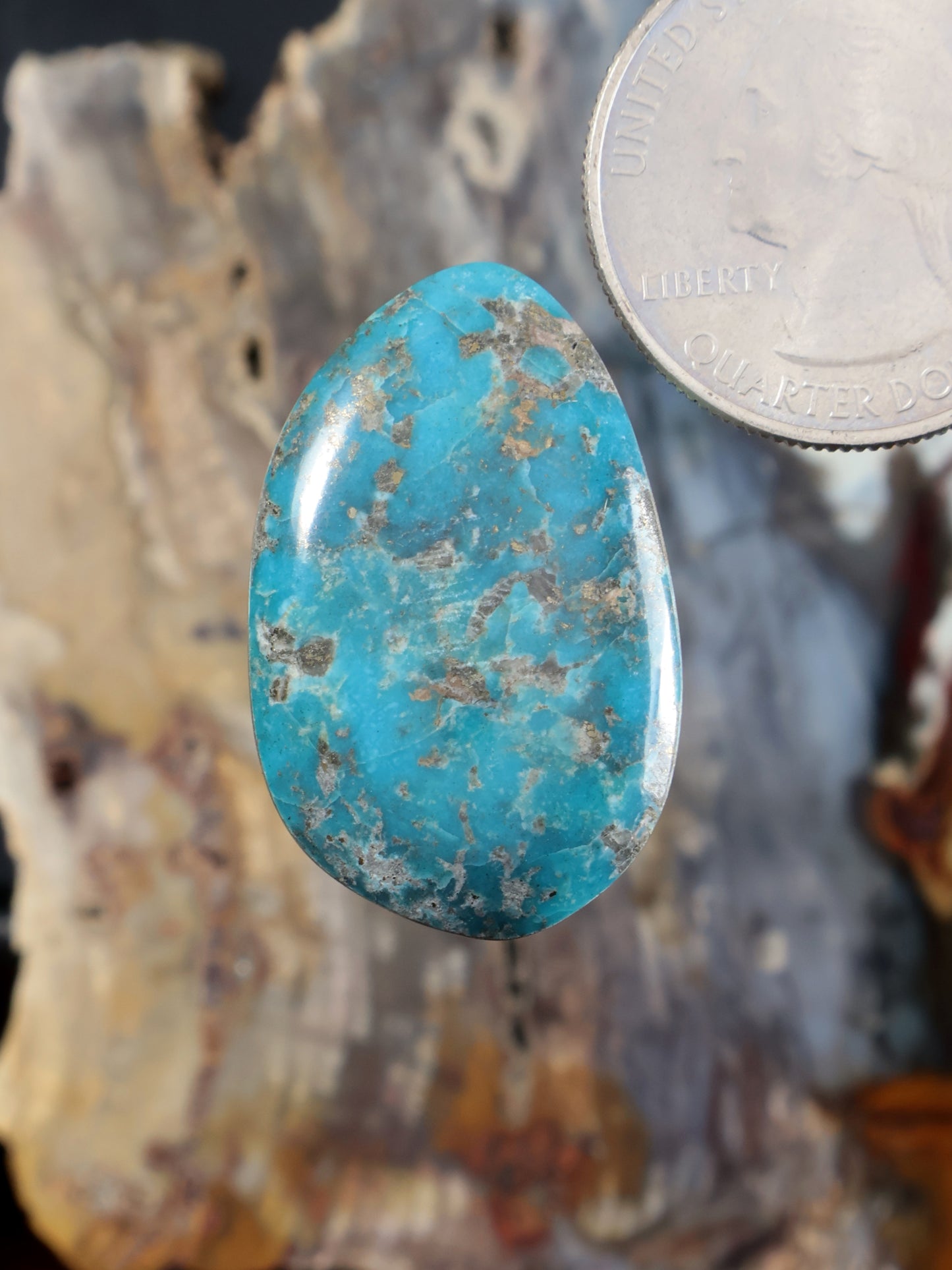 Oval turquoise cabochon gemstone with natural webbed matrix texture