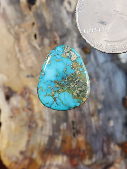 Morenci turquoise cabochon teardrop gemstone with light-blue surface and gold-green matrix