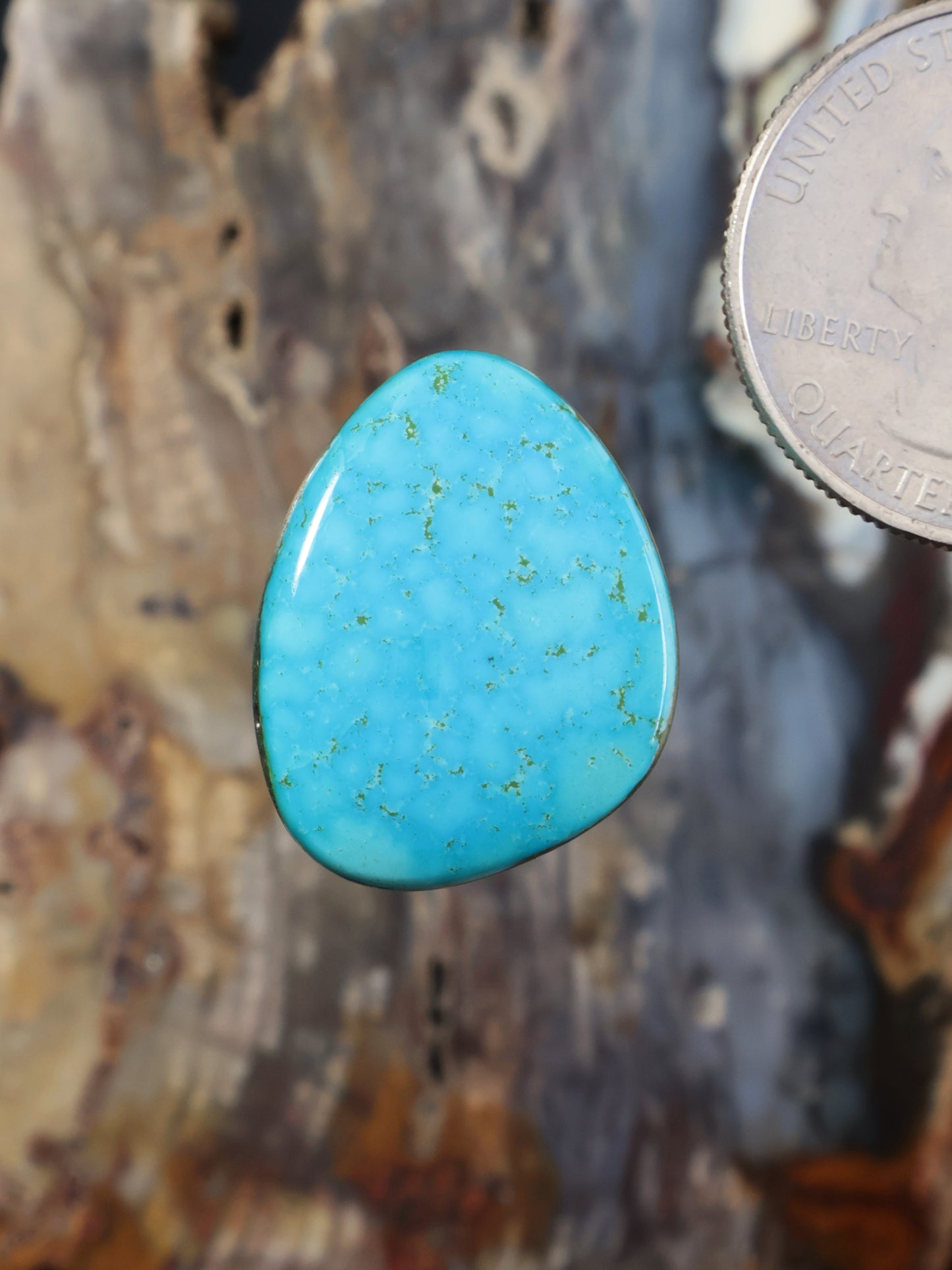 Morenci turquoise cabochon gemstone, oval teardrop shape with smooth polished surface