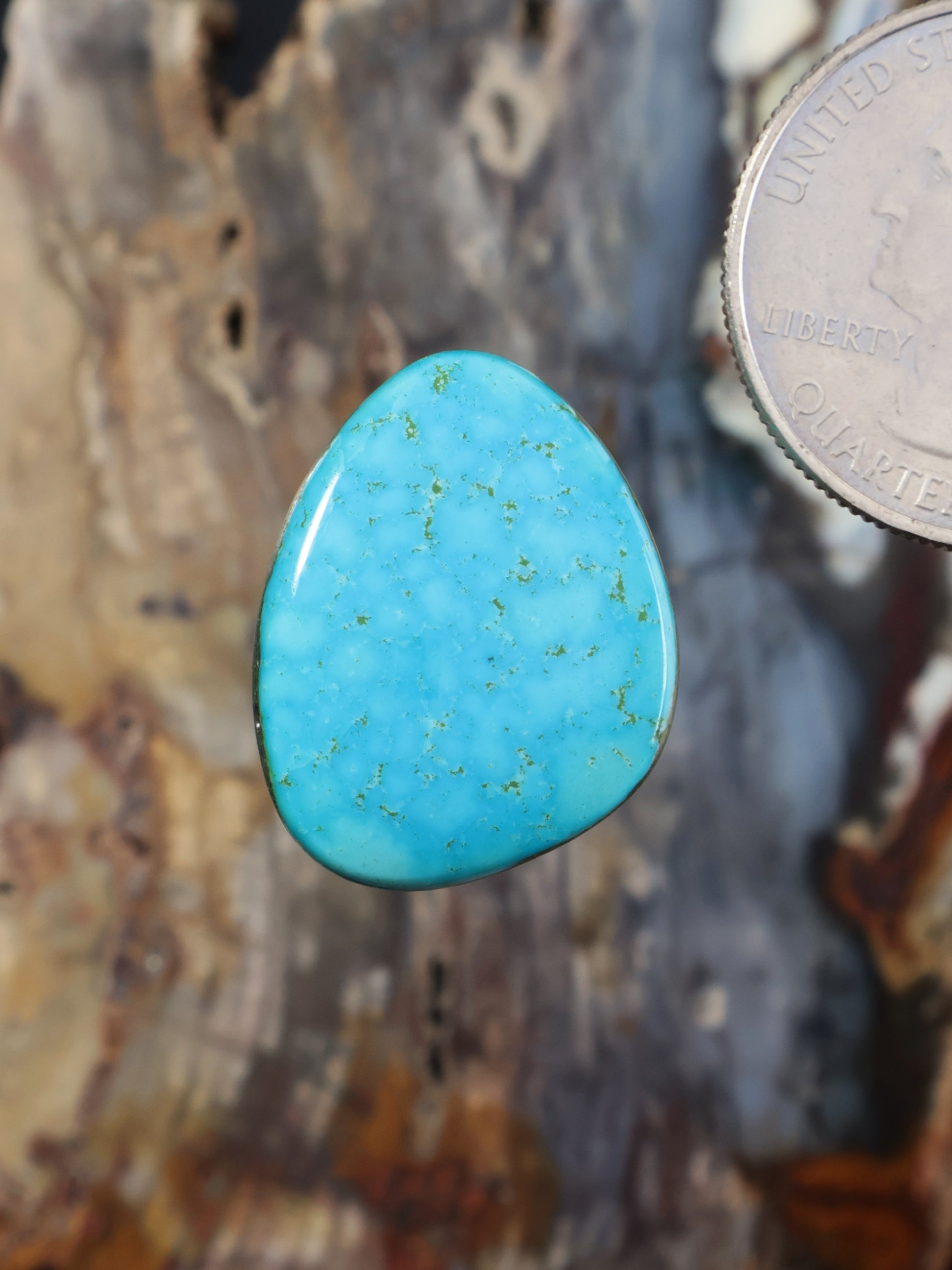 Morenci turquoise cabochon gemstone, oval teardrop shape with smooth polished surface