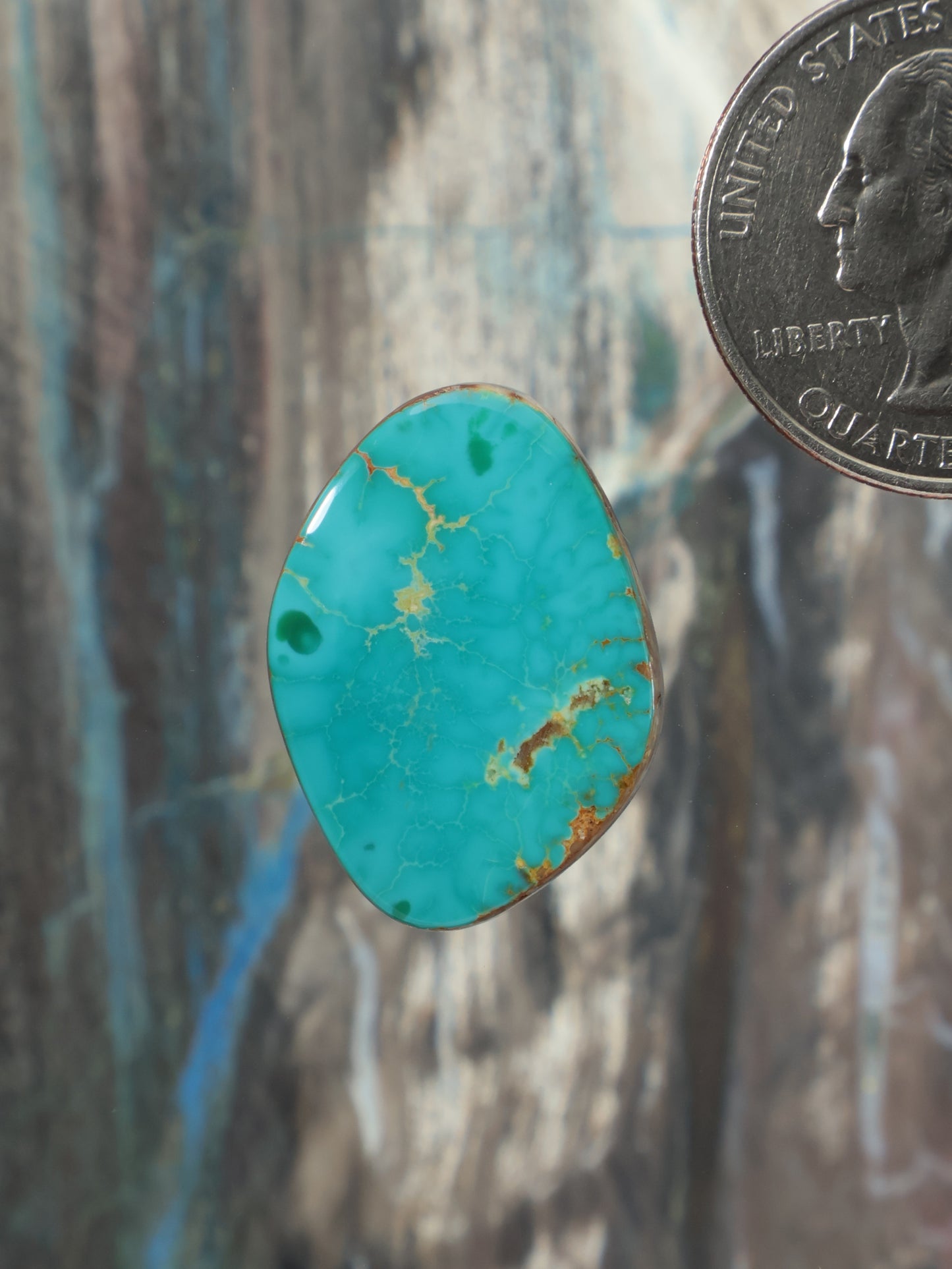 Turquoise cabochon gemstone with oval shape and gold matrix veining