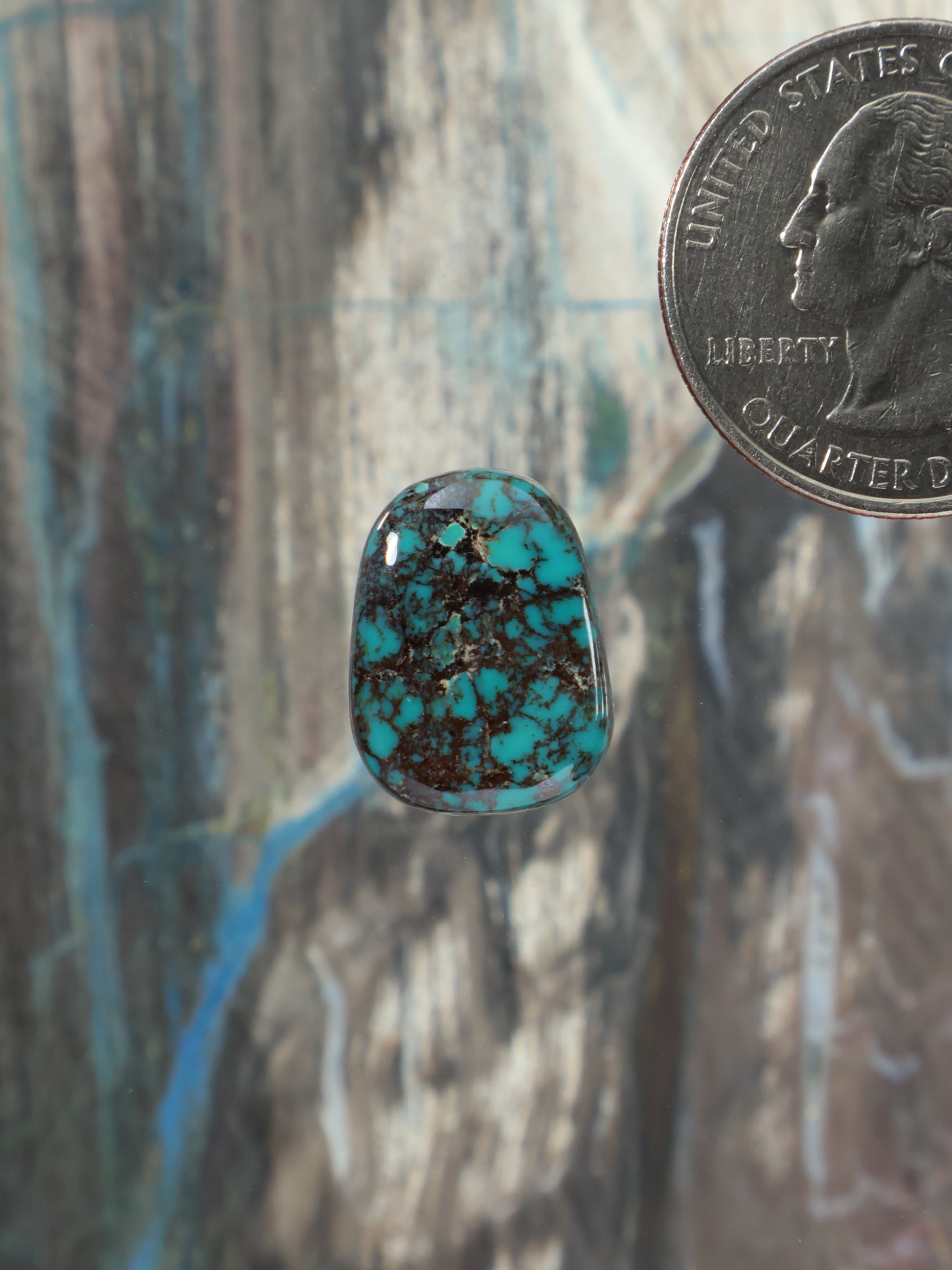 Turquoise blue cabochon gemstone with dark matrix, oval domed surface