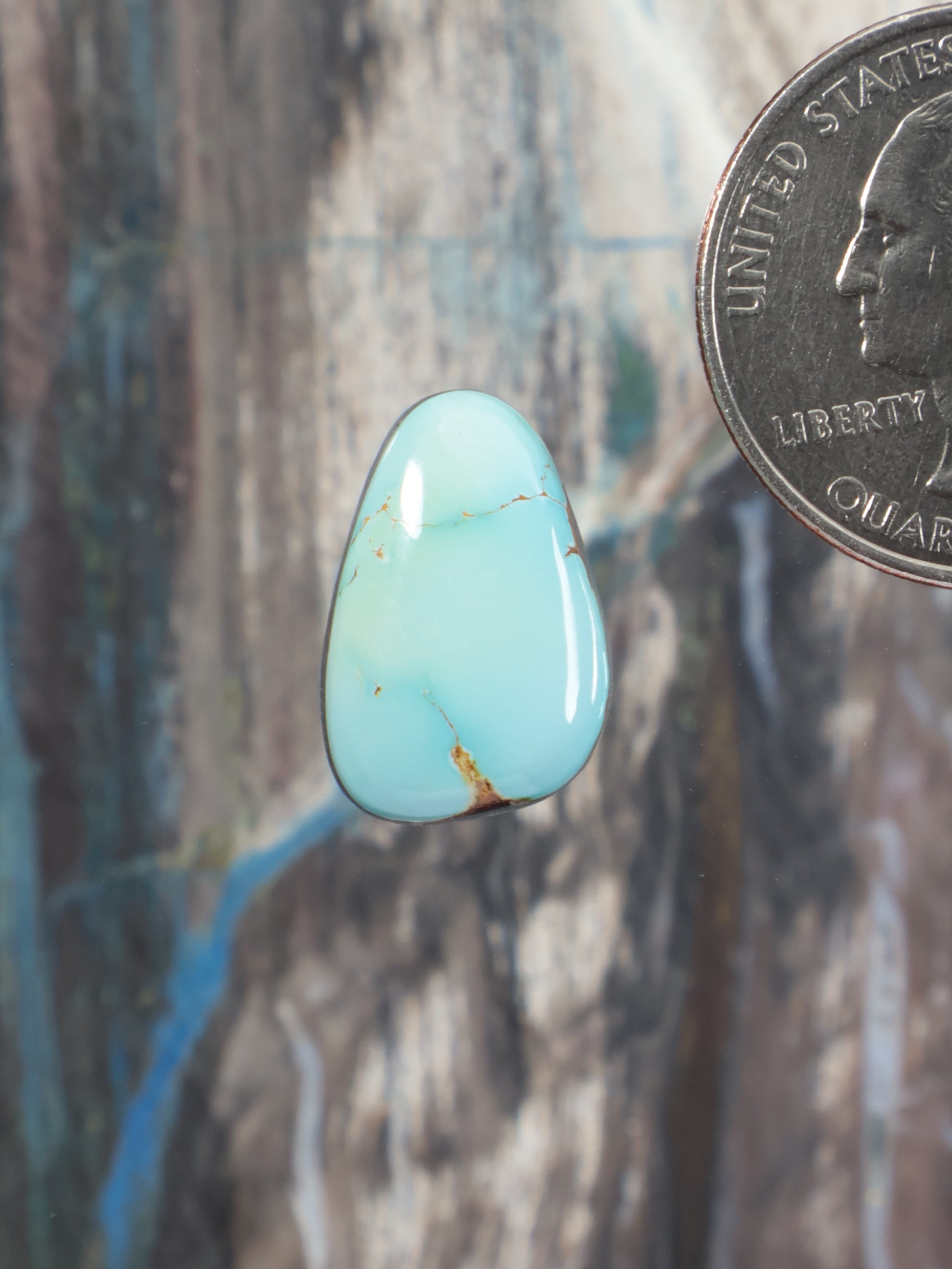 Turquoise teardrop cabochon gemstone, smooth polished dome with natural matrix lines