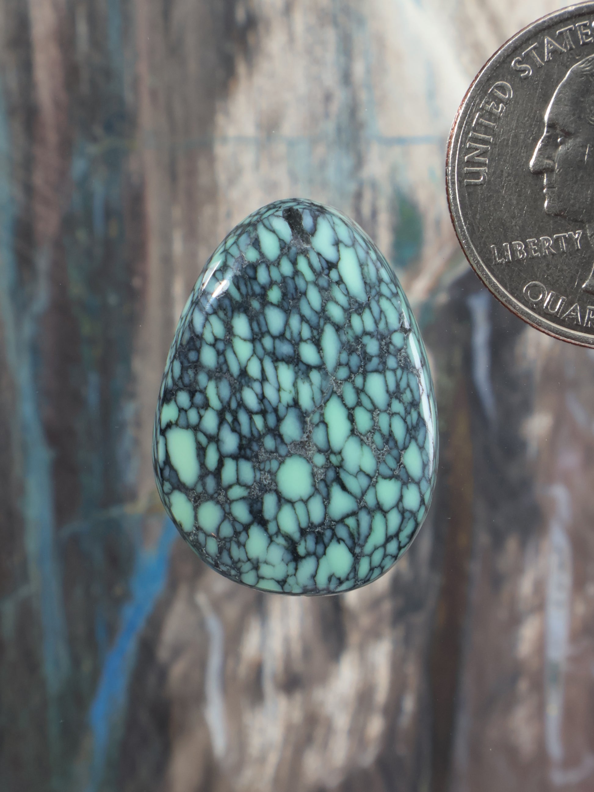 Teal-green variscite cabochon gemstone with web-like veining, oval teardrop shape