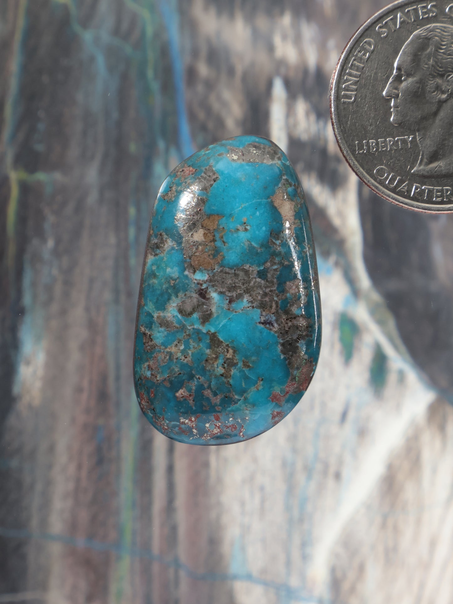 Oval Morenci turquoise cabochon with dark matrix veining, polished stone