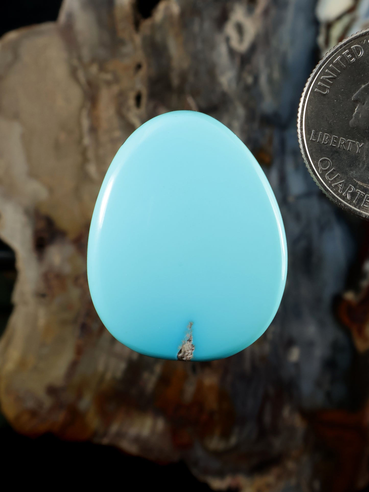 Turquoise oval cabochon gemstone with smooth polished surface and small prong detail