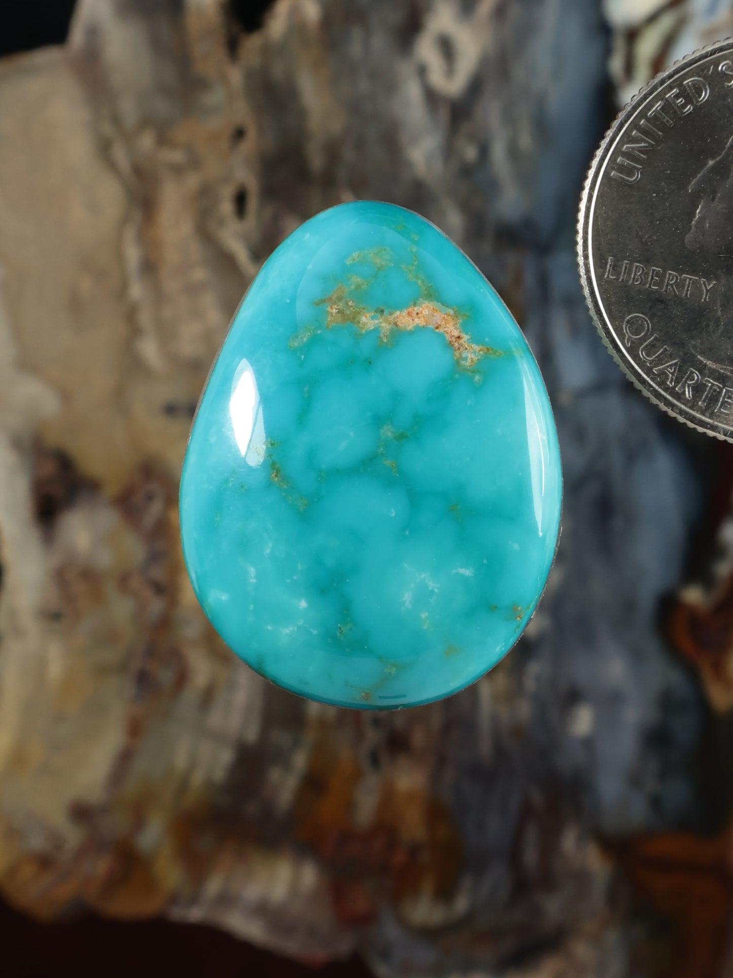 Kingman turquoise cabochon, oval blue-green stone with natural golden matrix vein detail