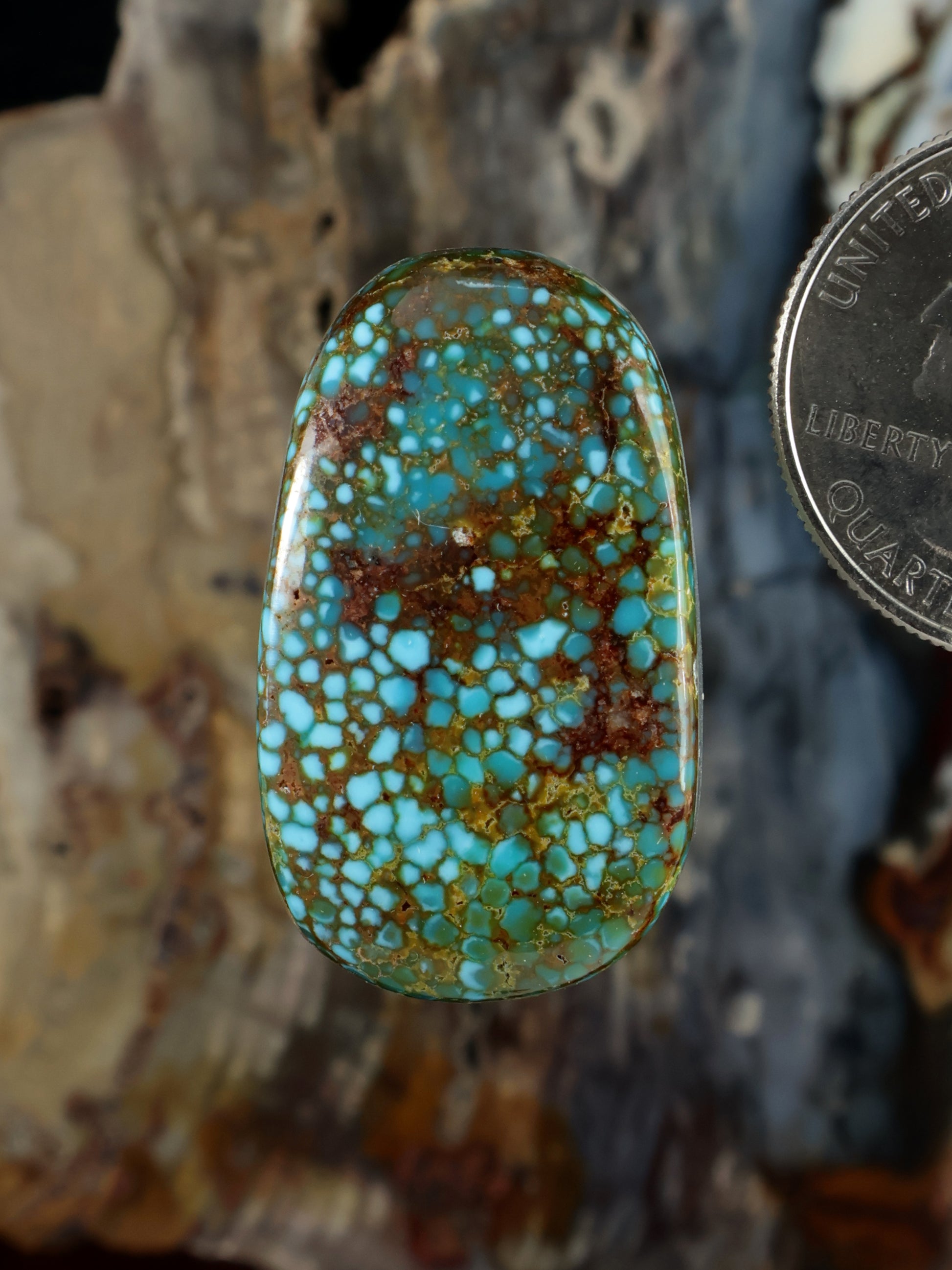 Turquoise web-pattern cabochon gemstone with brown matrix, oval