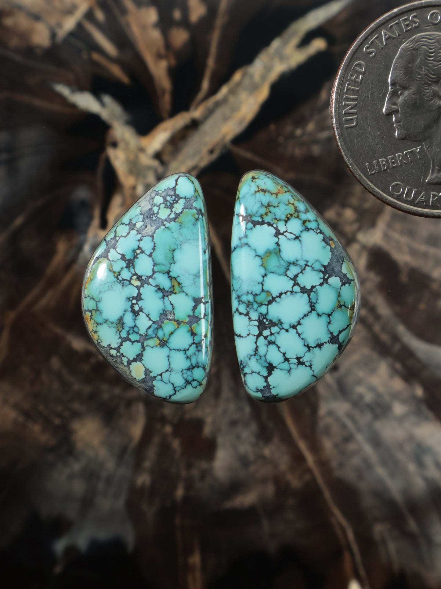 Turquoise cabochon stud earrings, oval teardrop stones with blue web pattern