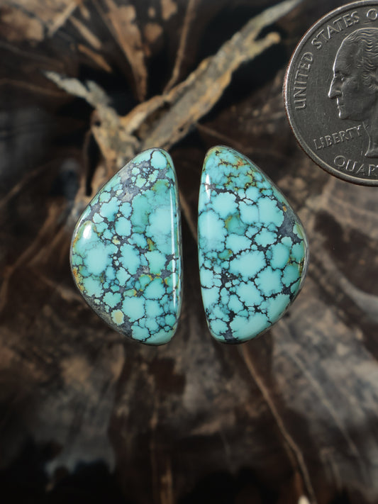 Turquoise cabochon stud earrings, oval teardrop stones with blue web pattern