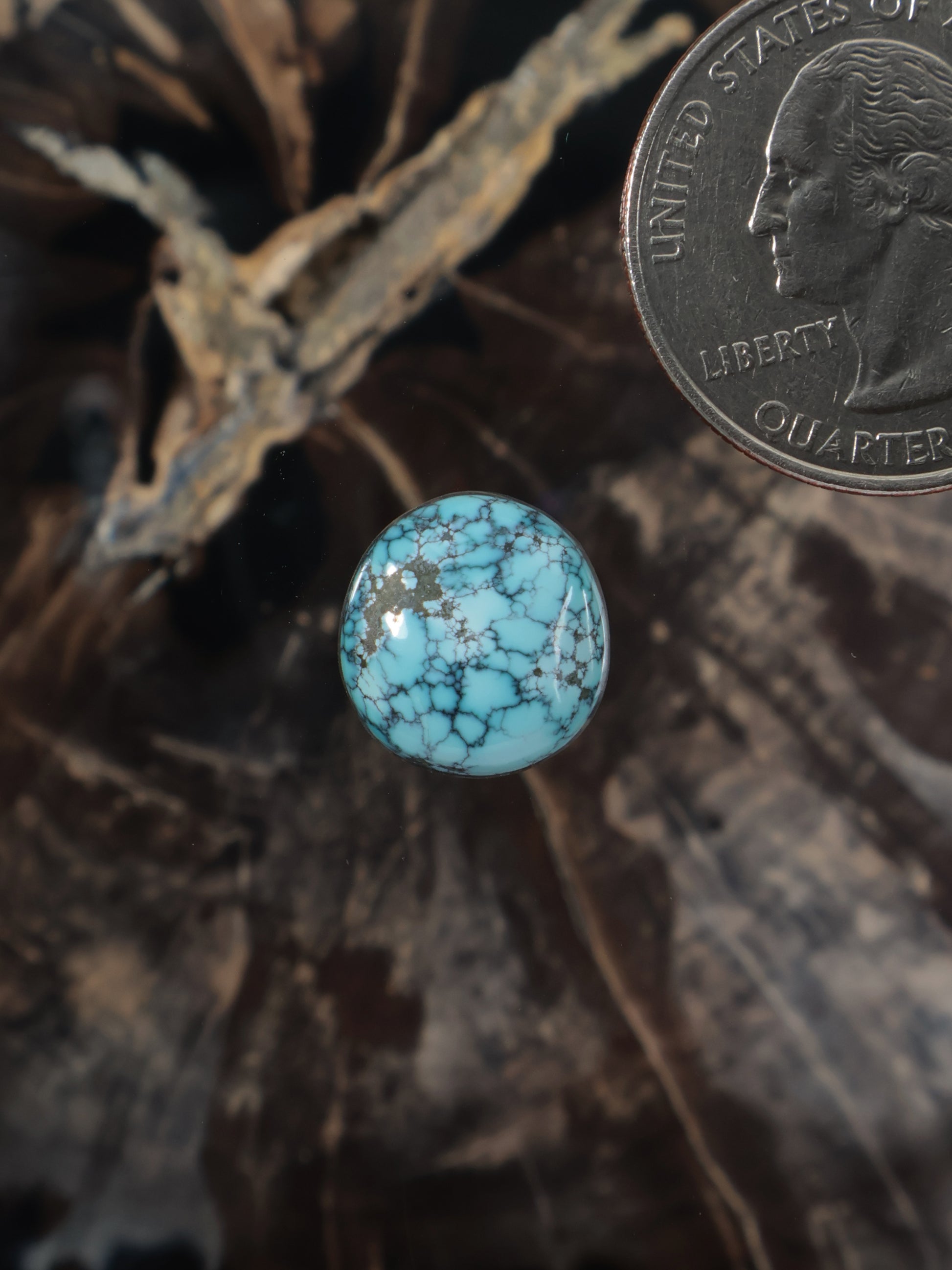 Round domed turquoise cabochon gemstone with blue matrix veining
