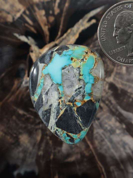 Turquoise cabochon teardrop with multicolor stone matrix and dark backing