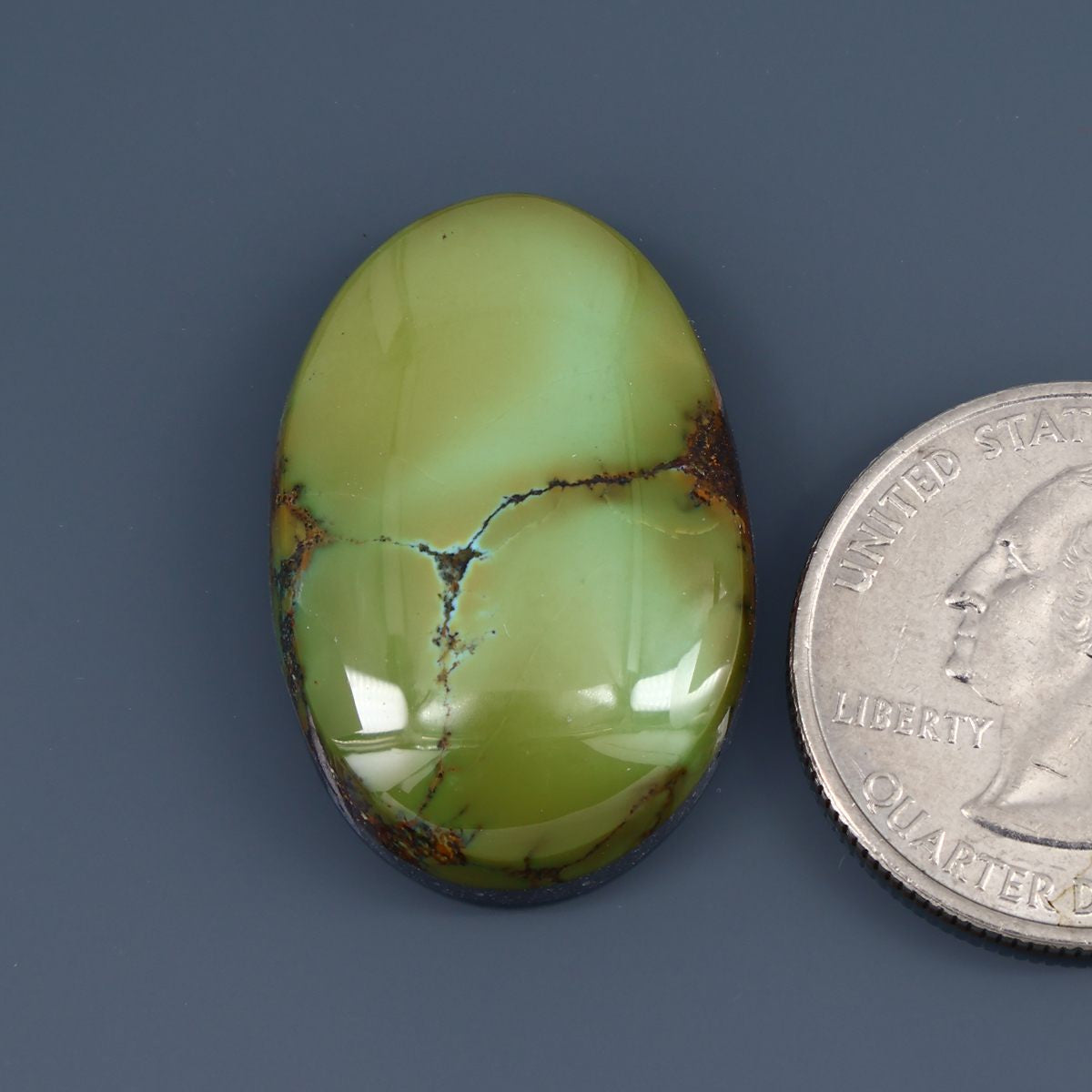 Oval green turquoise cabochon gemstone with dark veining and polished dome