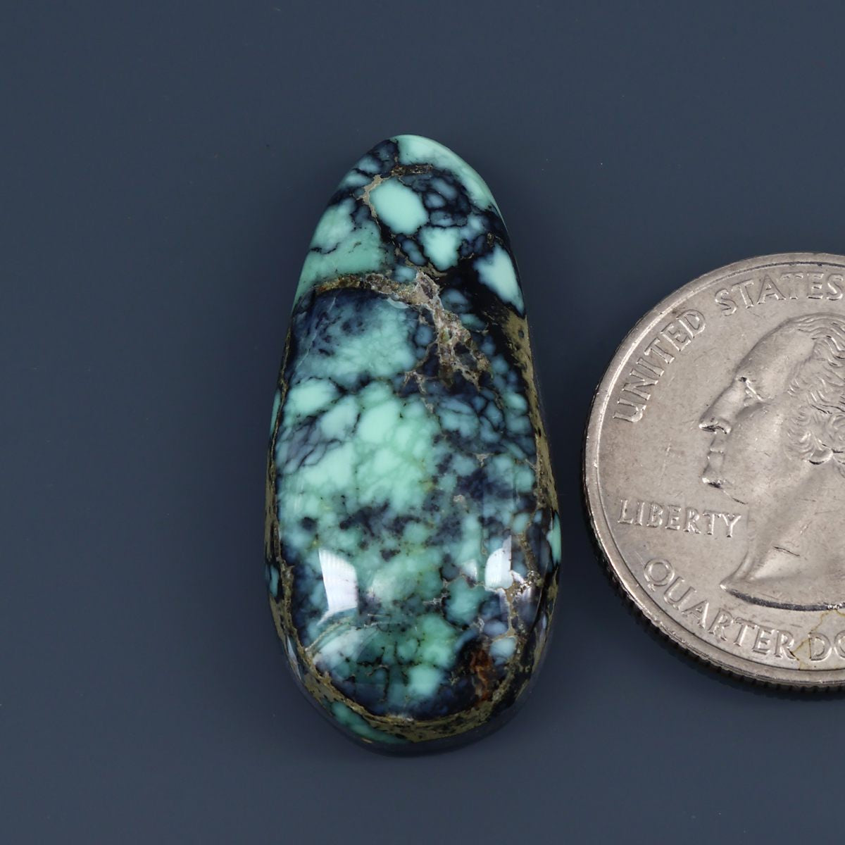 Oval variscite cabochon with teal, blue, and black veining; polished gemstone