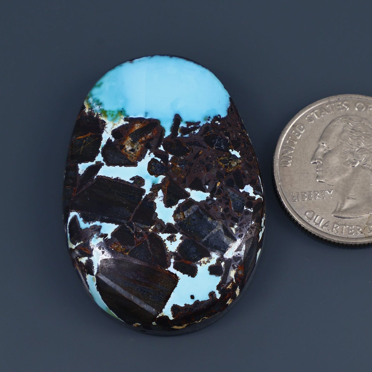 Turquoise cabochon gemstone with oval shape and dark brown matrix veining