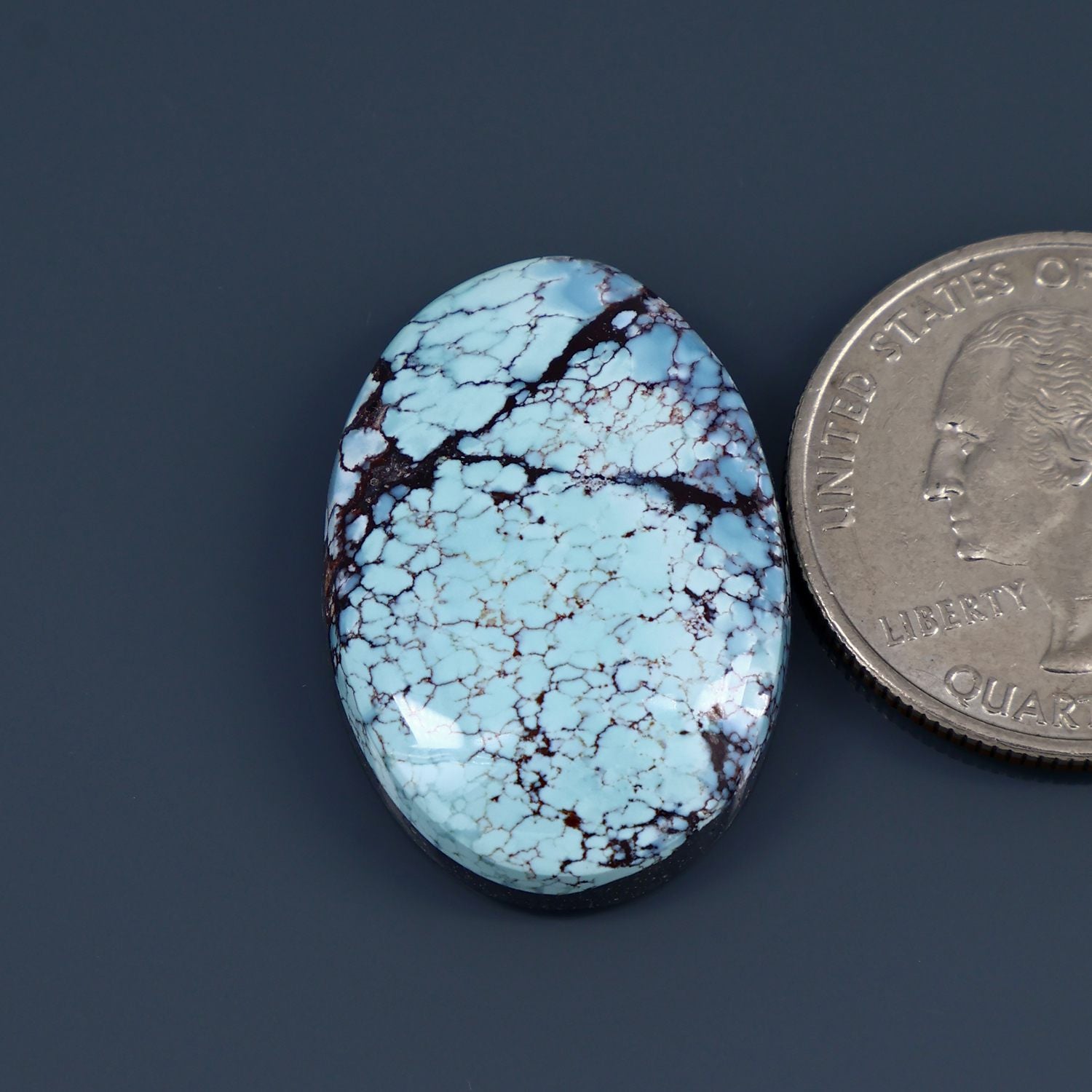 Turquoise cabochon oval stone with blue, white webbed pattern and dark rim