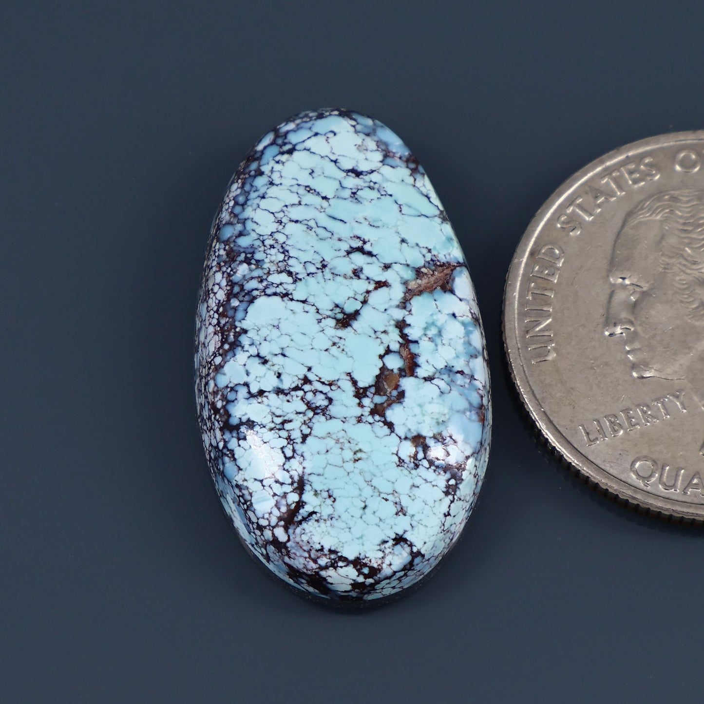 Oval turquoise cabochon gemstone with white and dark blue matrix webbing