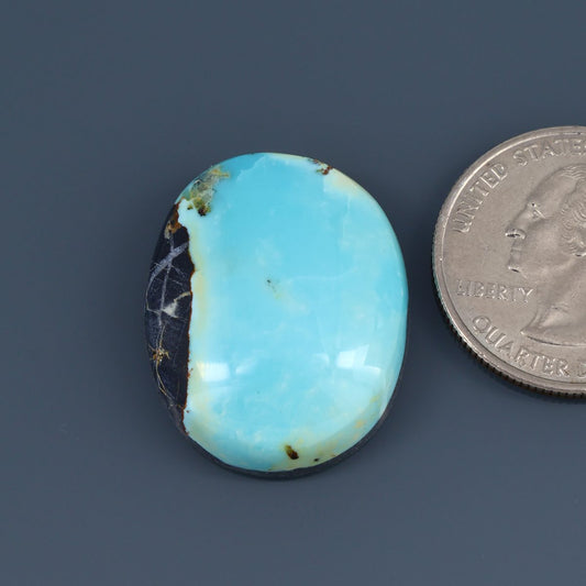 Turquoise cabochon gemstone, oval blue stone with dark matrix edge.