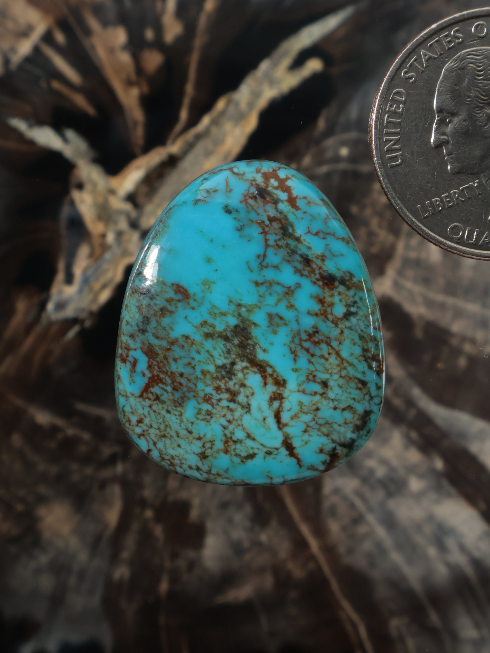 Hubei turquoise cabochon N689, oval gemstone with brown matrix veining