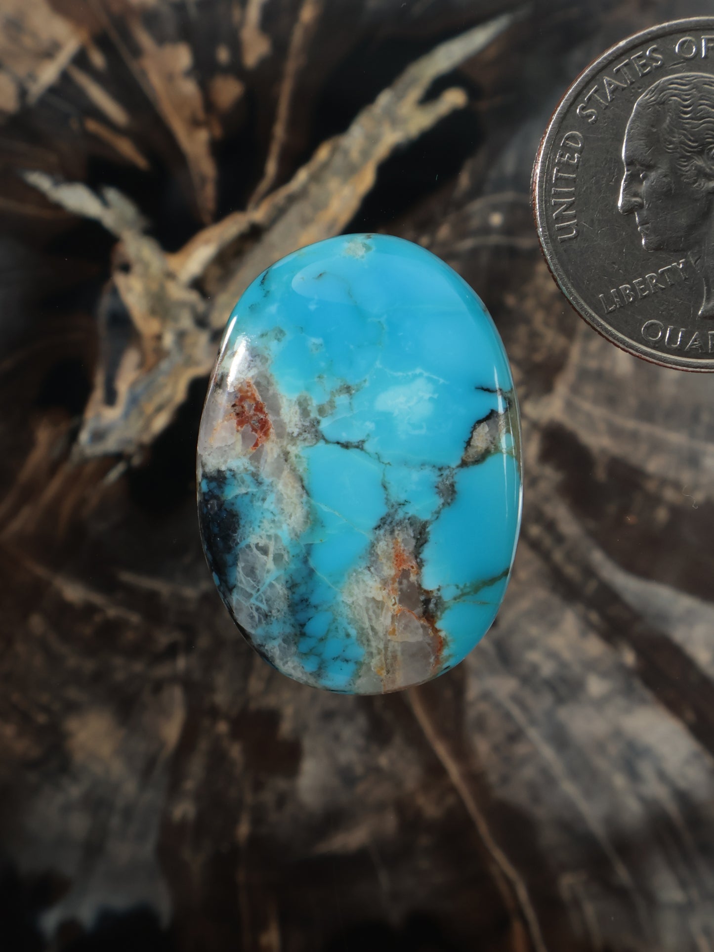Turquoise cabochon gemstone, oval blue stone with natural brown matrix veining