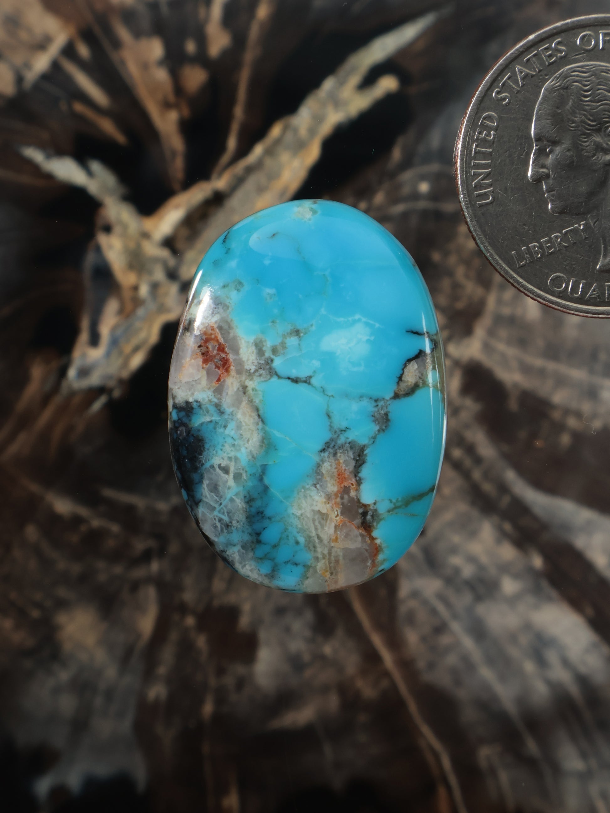 Turquoise cabochon gemstone, oval blue stone with natural brown matrix veining