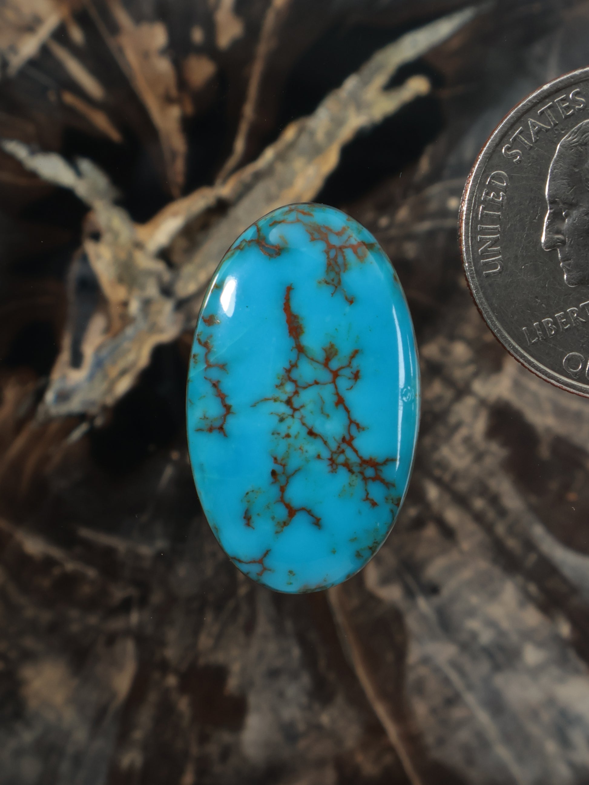Hubei turquoise cabochon oval stone, bright blue with brown web-like veining