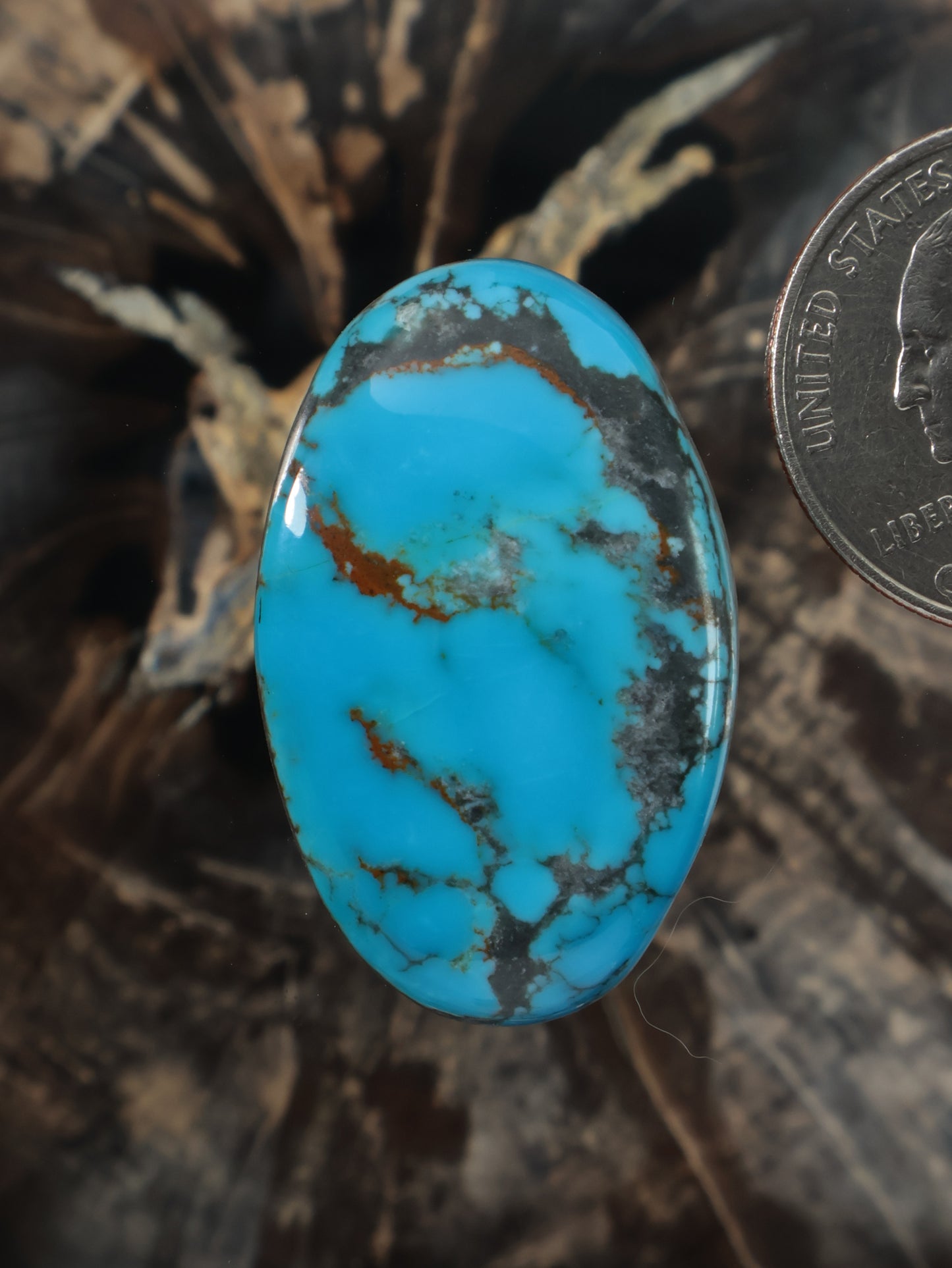 Hubei turquoise cabochon N661, oval polished gemstone with blue and brown matrix
