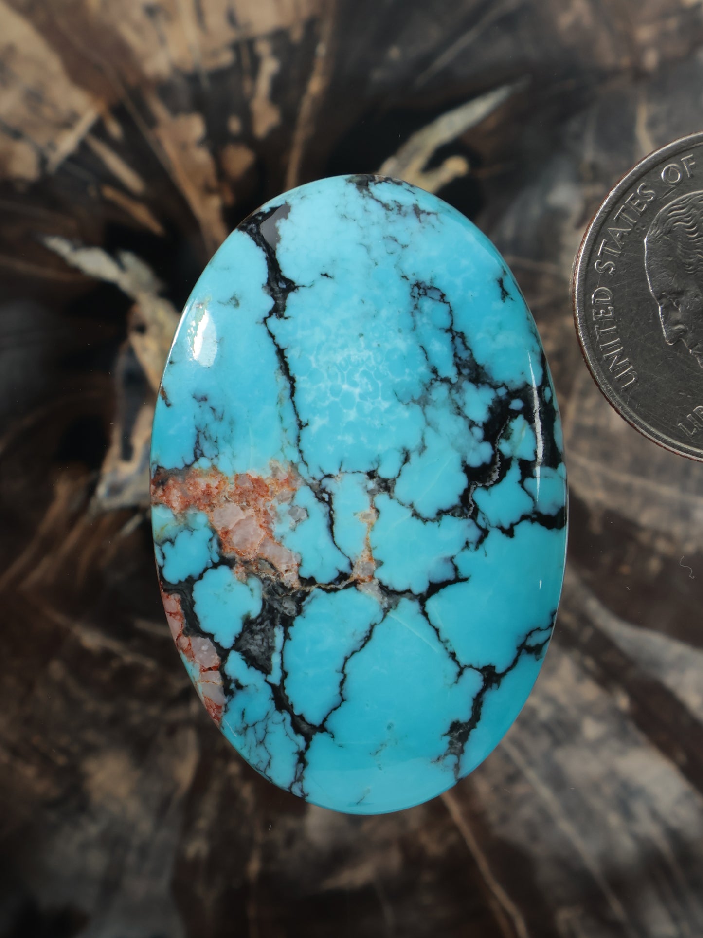 Turquoise blue cabochon with dark natural matrix veining, oval gemstone