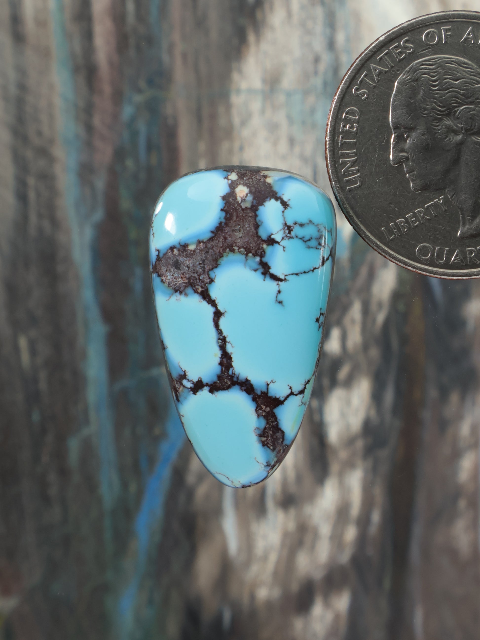 Teardrop turquoise cabochon with dark brown matrix web and light blue polish