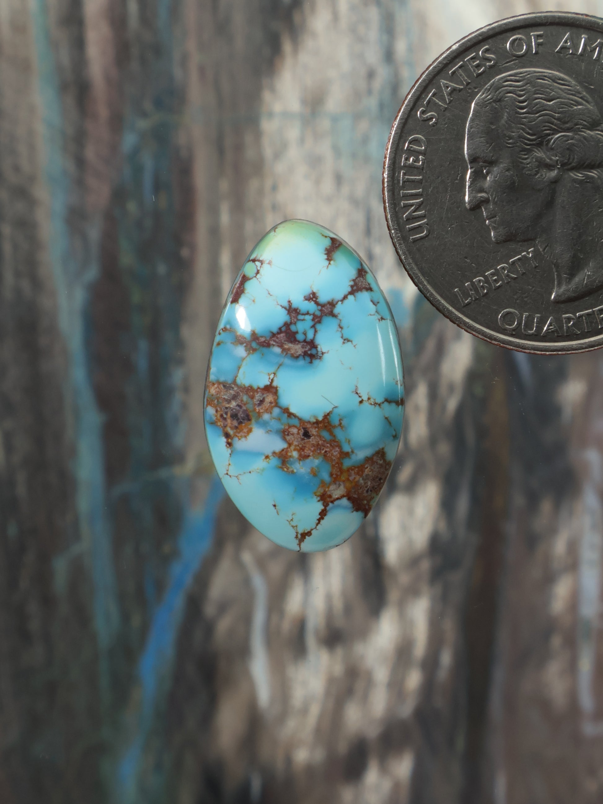 Turquoise oval cabochon gemstone with brown matrix veining
