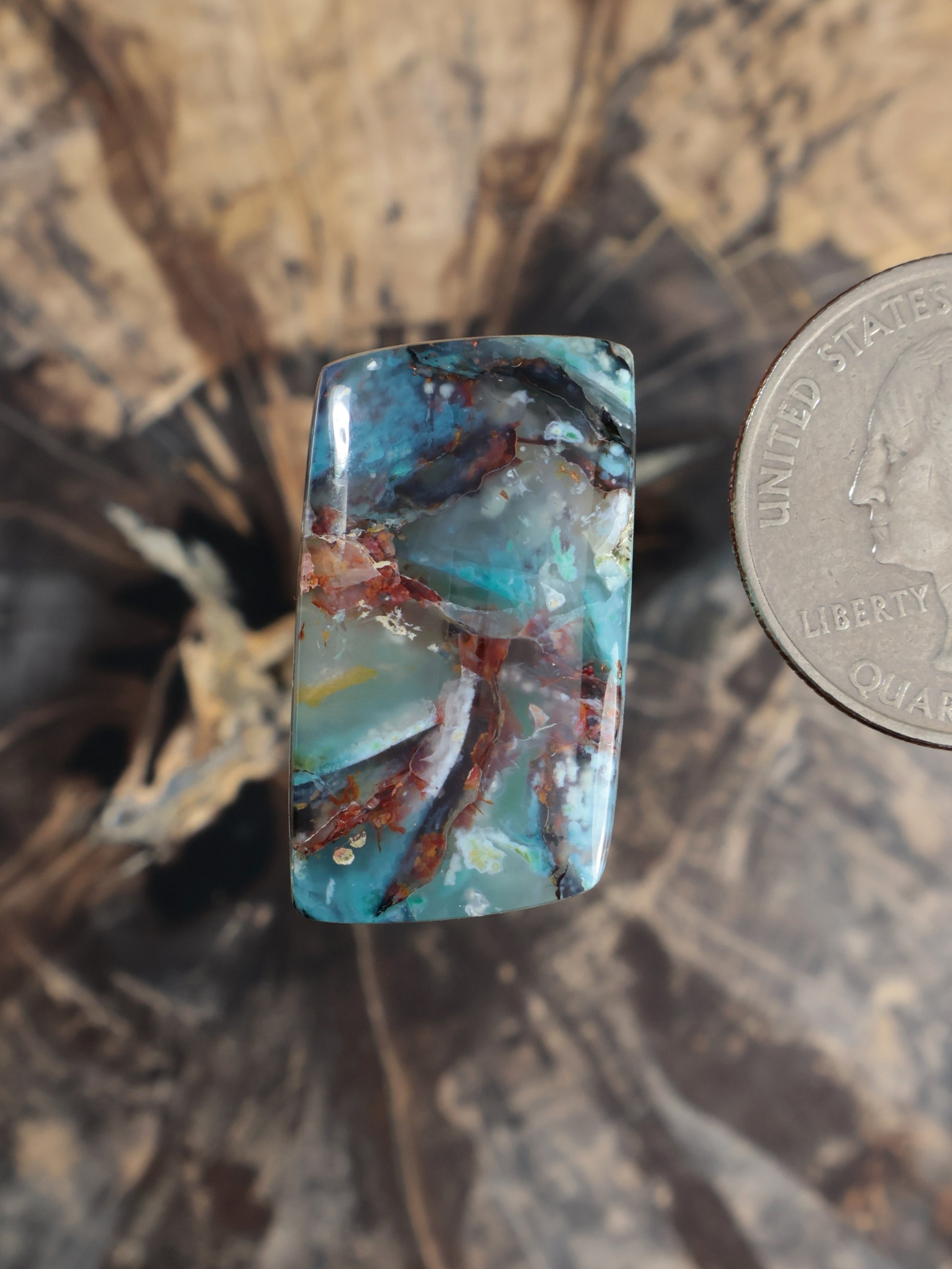 Turquoise chrysocolla chalcedony cabochon with coppery red-brown veining, rounded rectangle