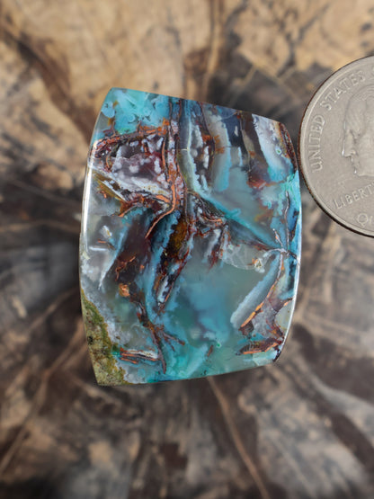 Irregular cushion cabochon with turquoise blue stone and copper-brown veining