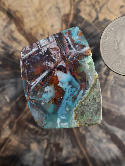 Irregular cabochon with aqua turquoise, dark maroon-brown matrix, and gray highlights