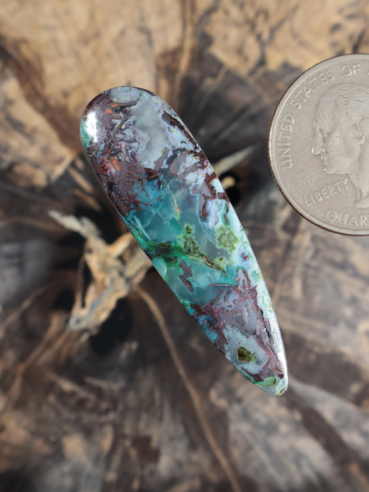 Chrysocolla chalcedony cabochon, angled teardrop with turquoise green and rusty brown patterns