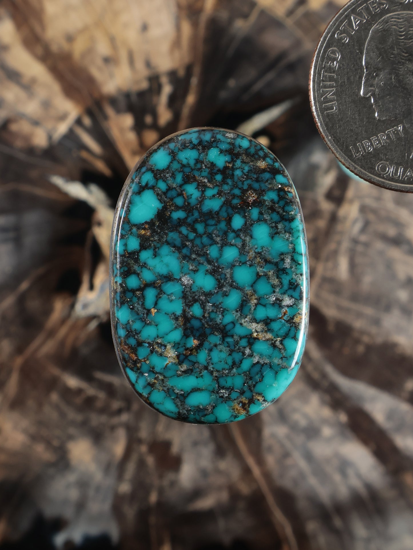 Oval turquoise cabochon gemstone with silver-tone metal bezel setting