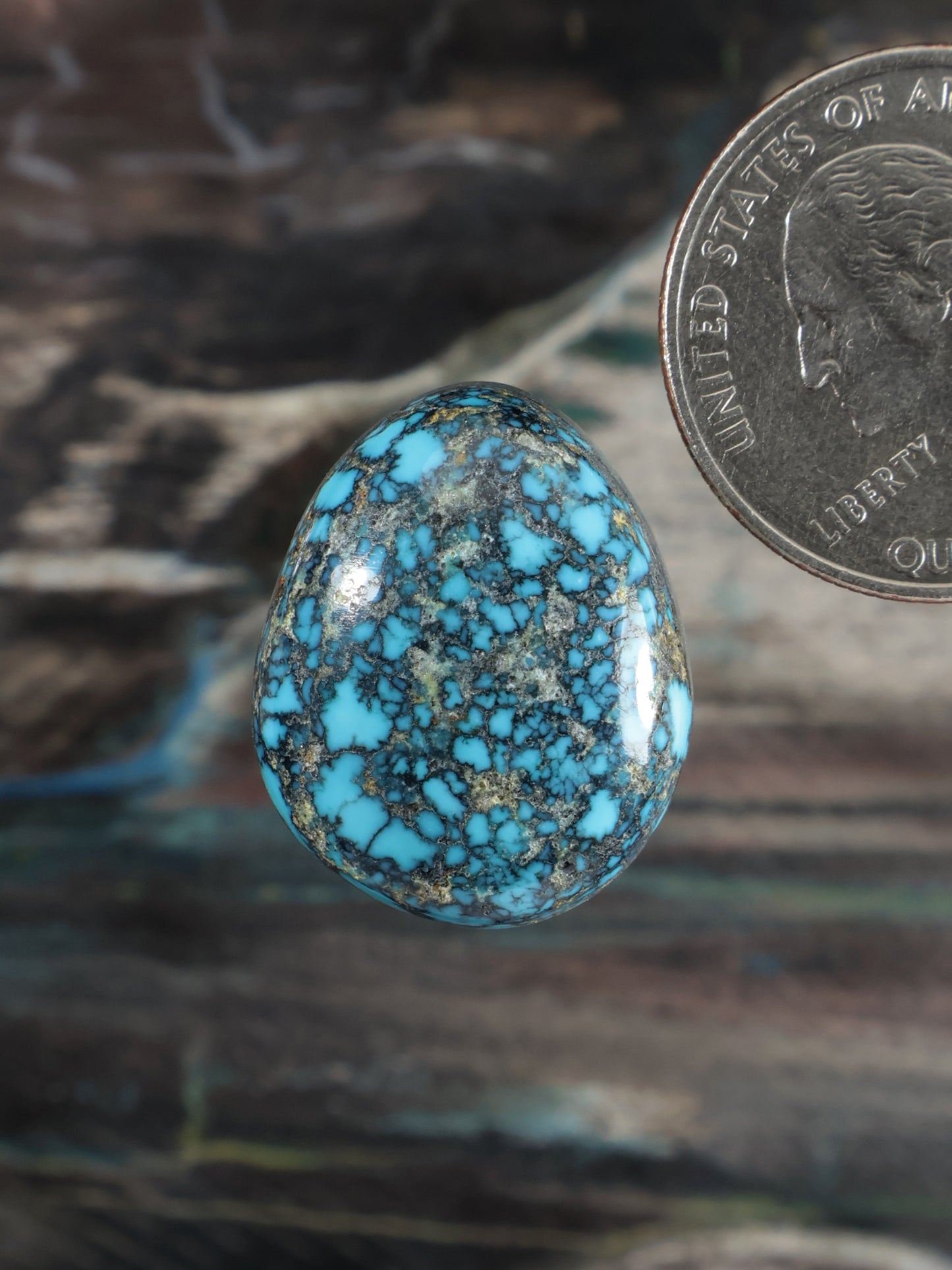 Turquoise blue cabochon with natural webbed matrix, oval gemstone with smooth silver rim