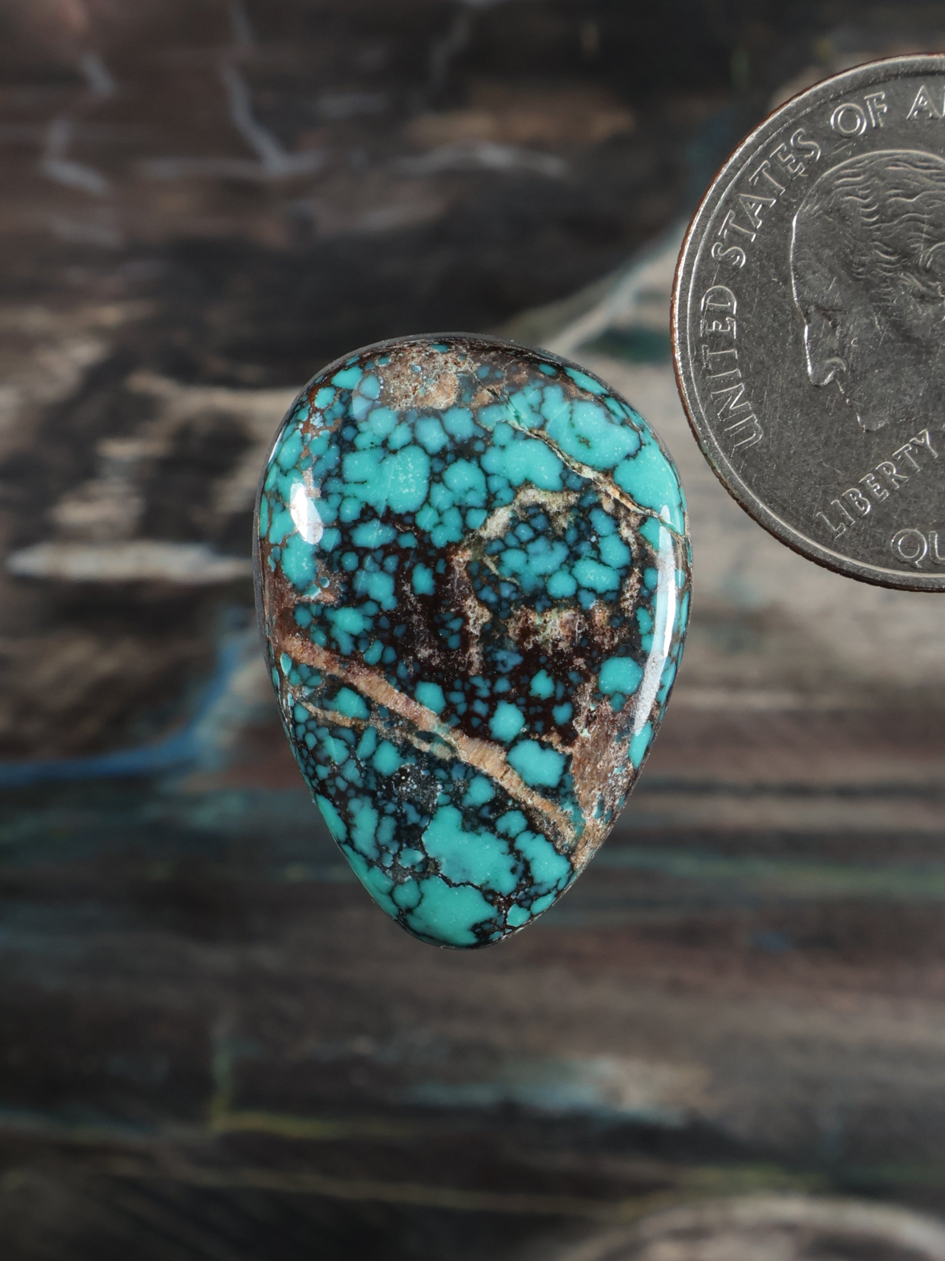 Turquoise cabochon gemstone with teal webbed stone and silver bezel setting
