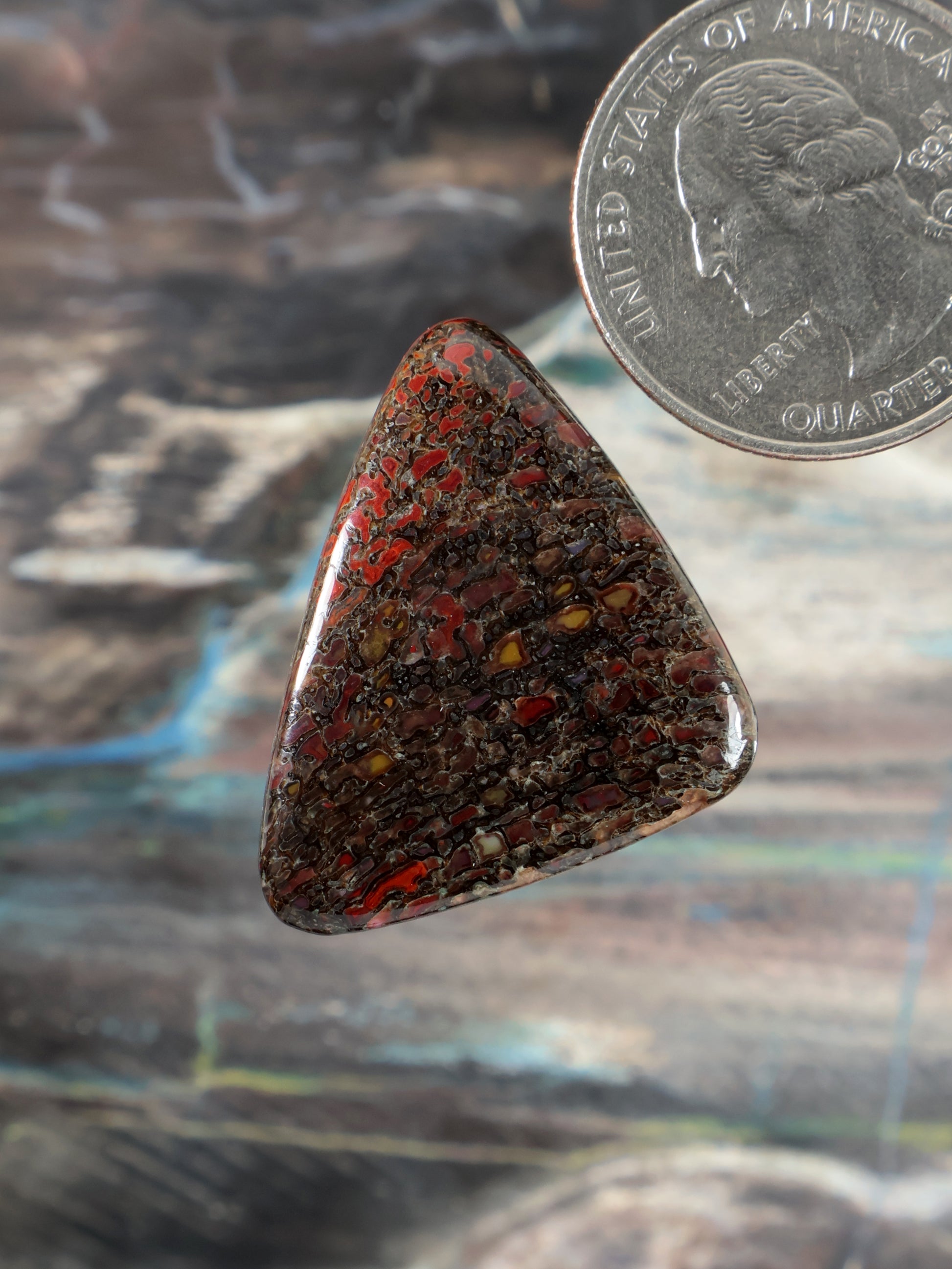 Triangular dinosaur gembone cabochon with red, brown, and black mottled pattern