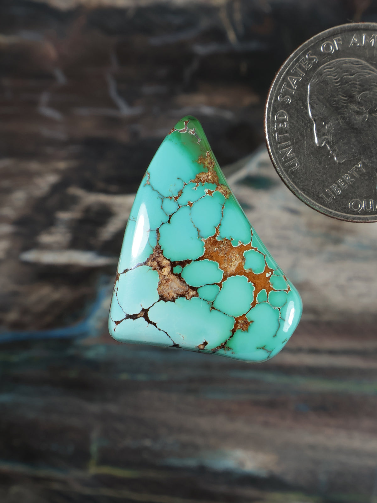 Turquoise cabochon gemstone, teardrop-like triangle, brown matrix webbing