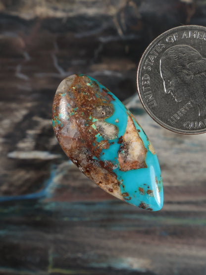 Bisbee turquoise cabochon, angled teardrop with blue-green and speckled brown matrix