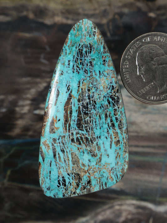 Turquoise cabochon gemstone, tall teardrop shape with textured blue-green surface